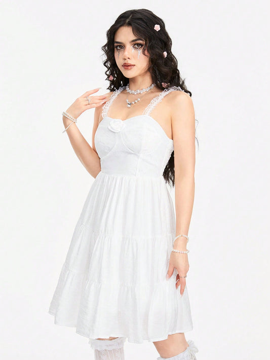 ROMWE Fairycore Vestido vintage de estilo palacio de encaje floral con rosas 3D para mujer
