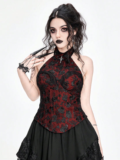 ROMWE Goth Top de tirantes asimétrico para mujer con cuello cruzado de encaje sexy y colgante, con dobladillo asimétrico