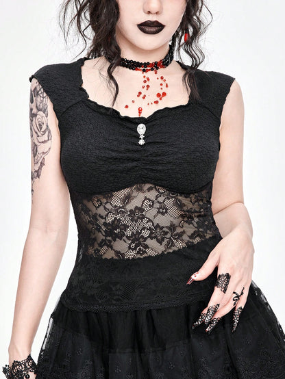 ROMWE Goth Top de tanque con adorno de colgante de diamante con corte bajo y ajuste delgado para mujer, con encaje empalmado y diseño hueco
