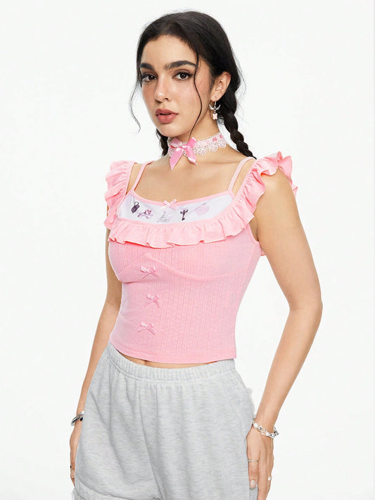 ROMWE Kawaii 1 pieza Blusa de tela texturizada con estampado de conejito y volantes, estilo niña inocente y lindo 2 en 1 para mujer