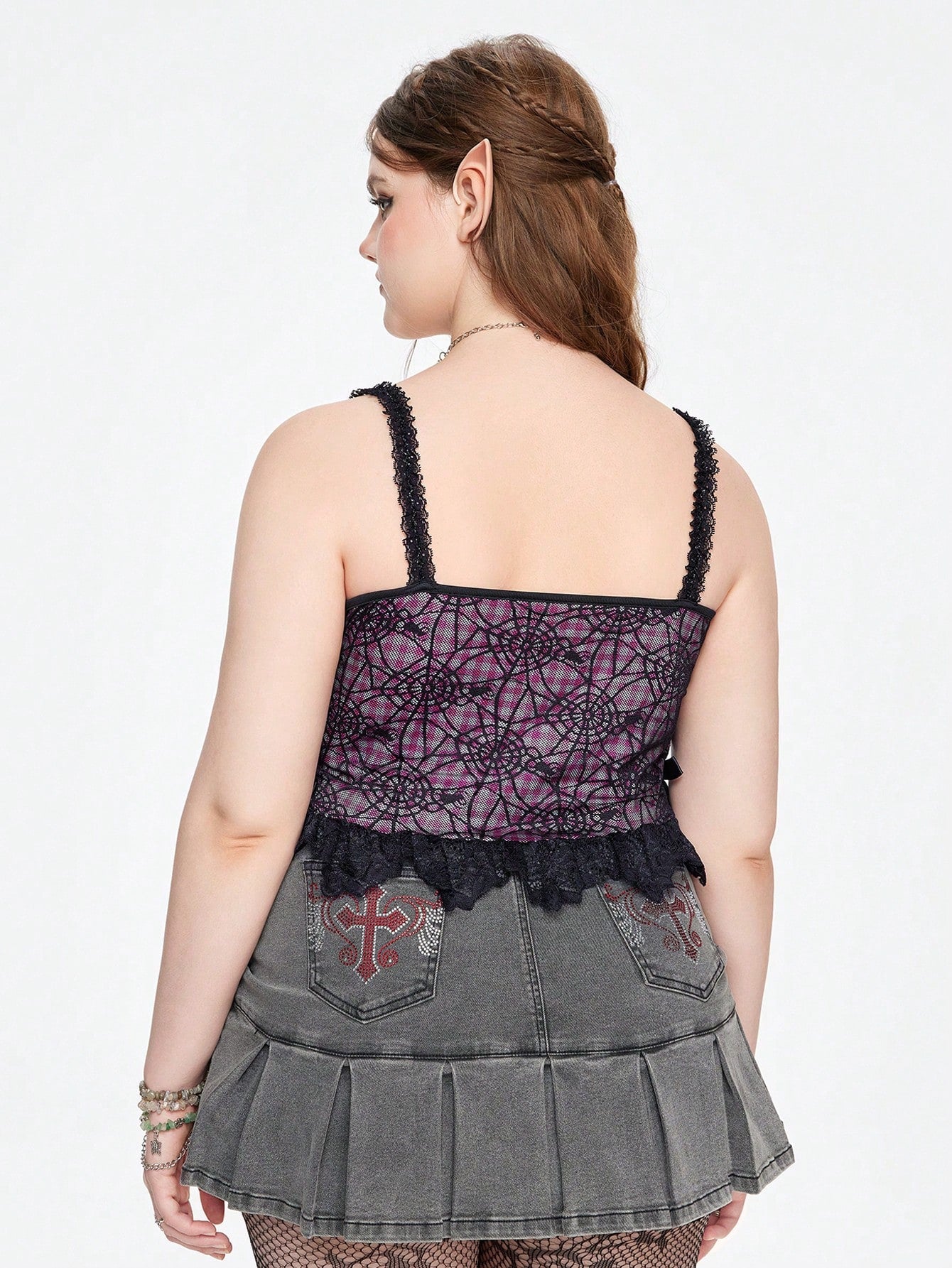 ROMWE Grunge Punk Top de camisola para mujer con encaje y dobladillo de volantes