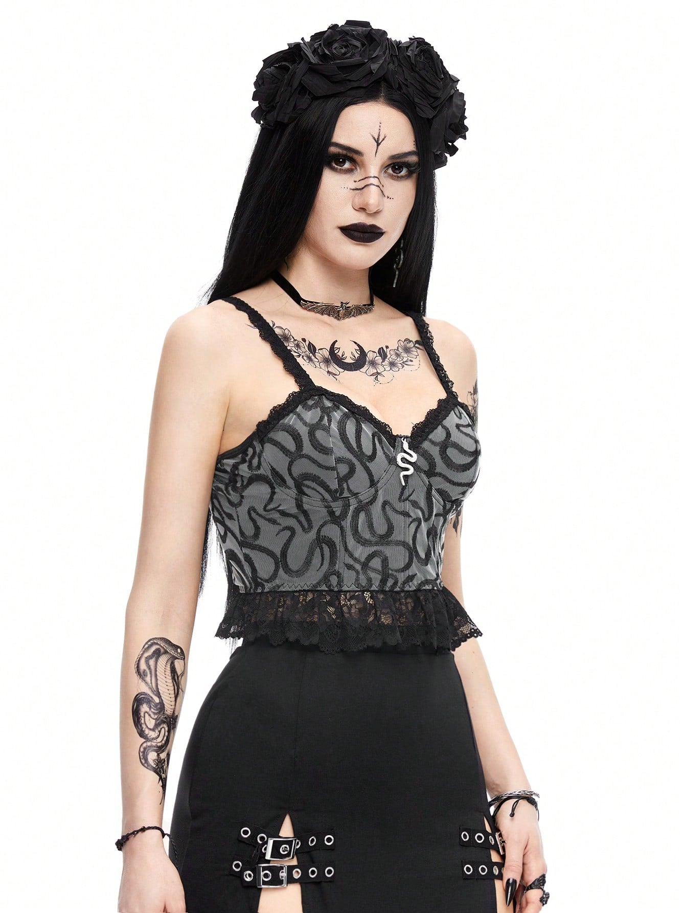 ROMWE Goth Camiseta sin mangas gótica de estampado de serpiente con bordado para mujer en verano