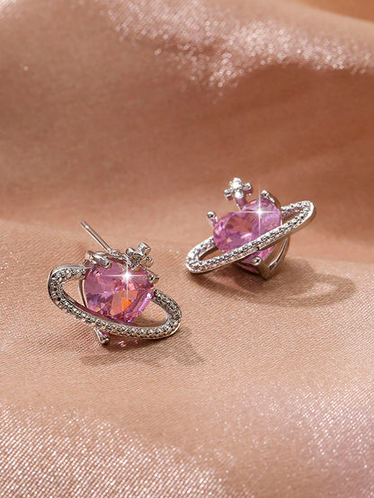 1 par Pendientes moda zirconia cúbica con corazón & con diseño de planeta para mujeres para decoración diaria