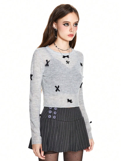 ROMWE Avant Suéter ajustado para mujer de manga larga con decoración de lazo, lindo y dulce