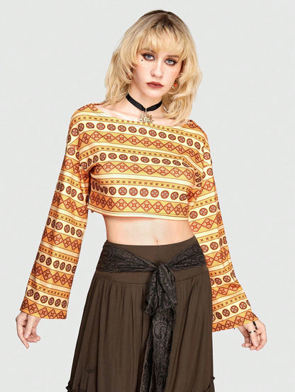 ROMWE Hippie Camiseta De Manga Campana Con Patrón Geométrico Para Mujeres
