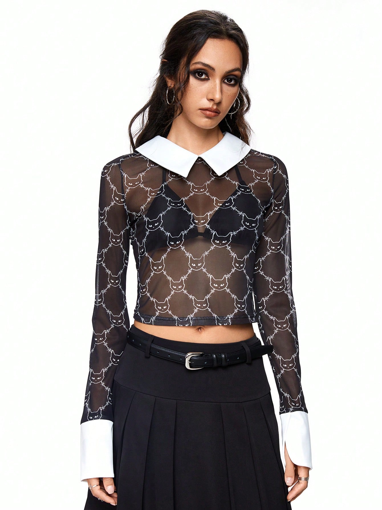 ROMWE Academia Blusa de mujer con cuello polo, bloques de color transparentes con estampado digital de cabeza de gato y espinas, uso escolar