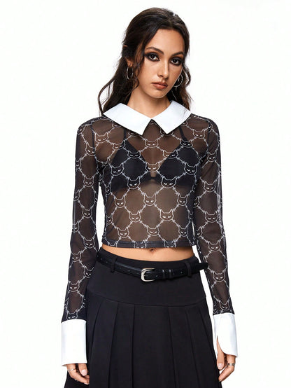 ROMWE Academia Blusa de mujer con cuello polo, bloques de color transparentes con estampado digital de cabeza de gato y espinas, uso escolar
