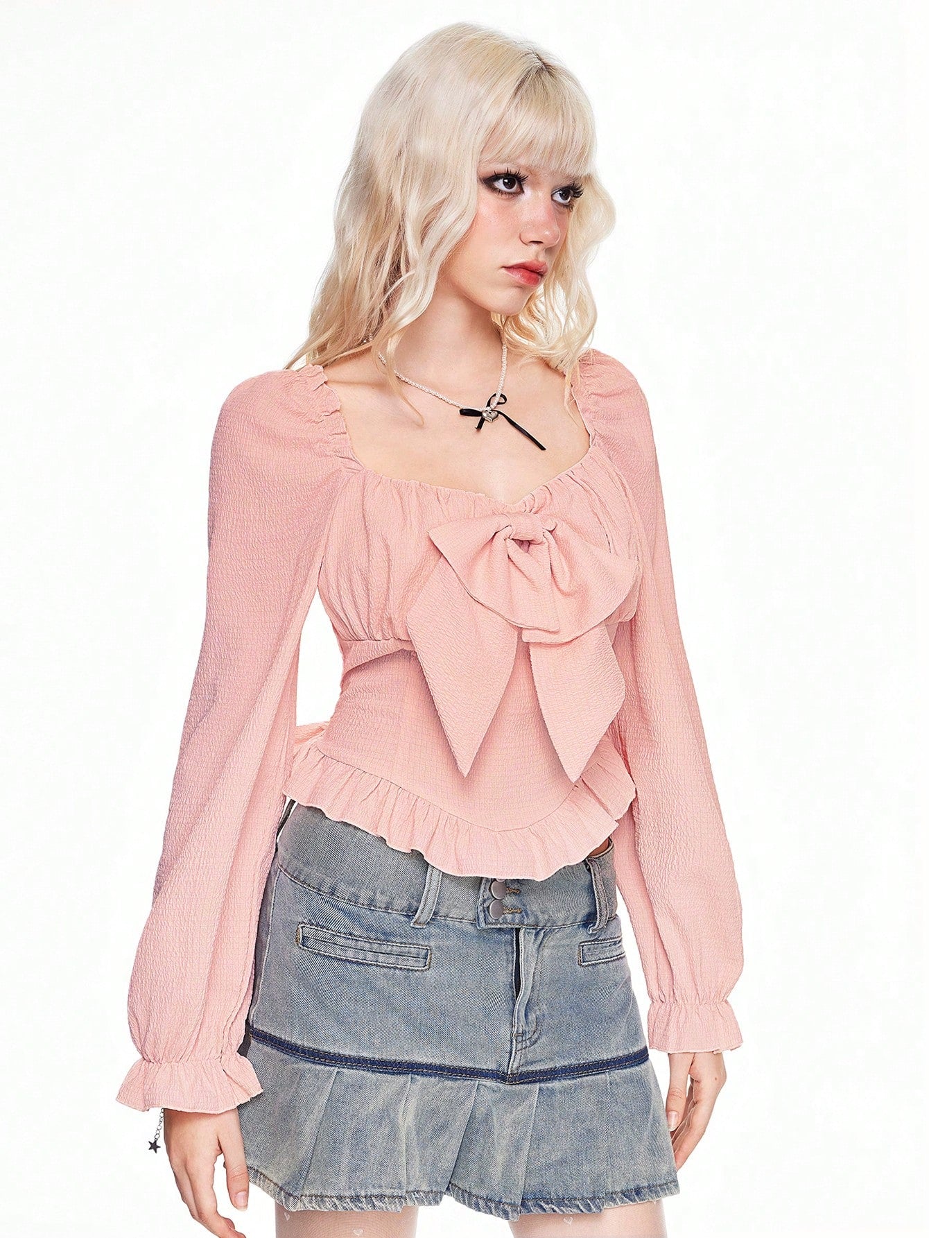 ROMWE Kawaii Blusa de mujer de manga larga con decoración de lazo y diseño de burbujas dulce y lindo