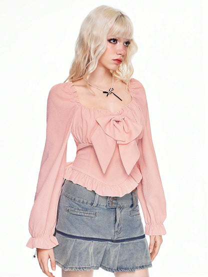 ROMWE Kawaii Blusa de mujer de manga larga con decoración de lazo y diseño de burbujas dulce y lindo