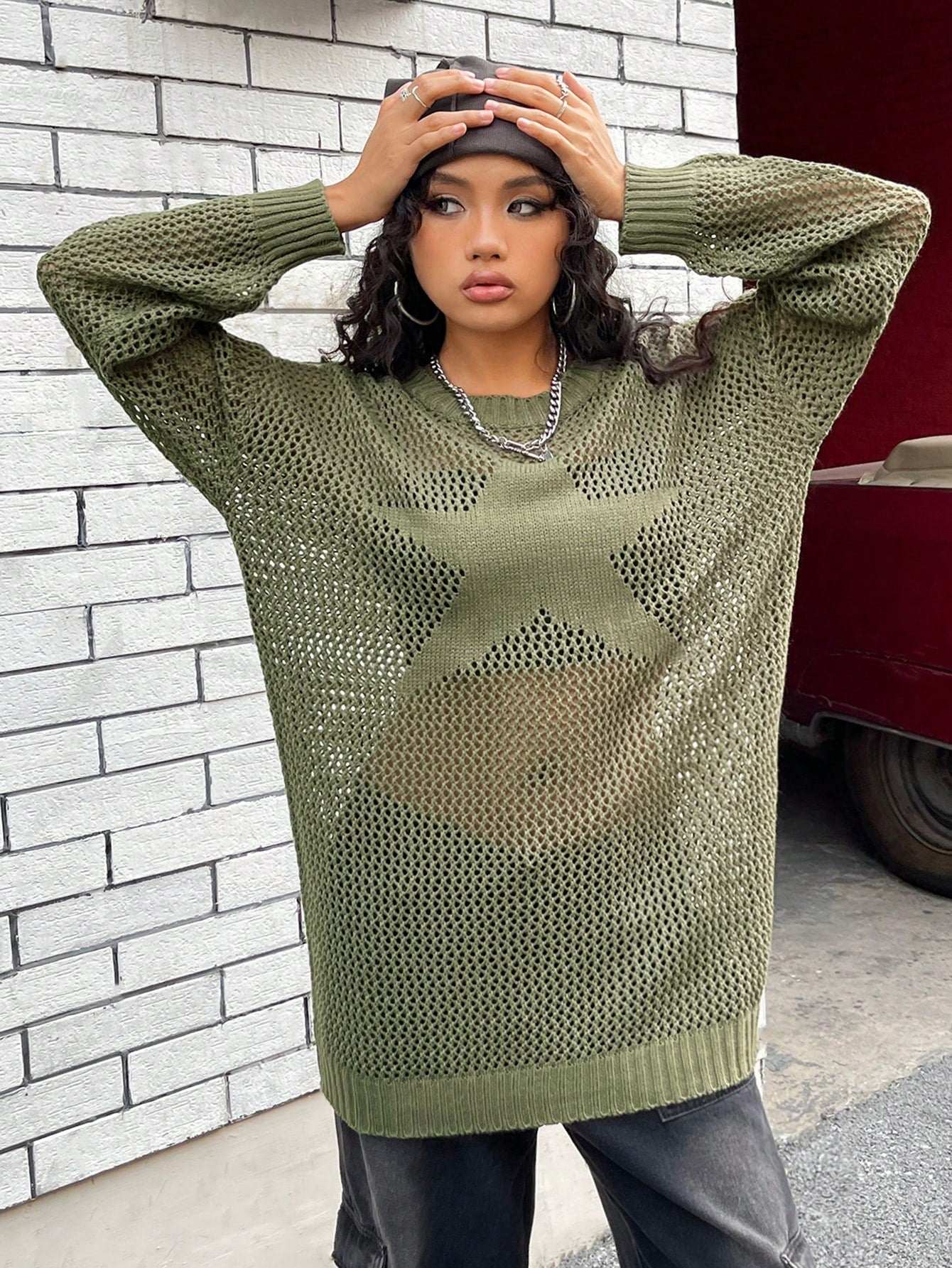 SHEIN EZwear Vestido de punto de hombros caídos de punto de malla sin sujetador