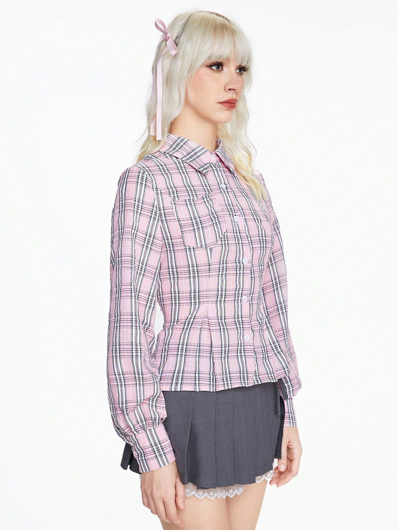 ROMWE Kawaii Blusa ajustada de tartán rosa lindo para damas