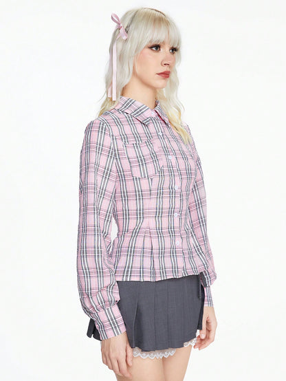 ROMWE Kawaii Blusa ajustada de tartán rosa lindo para damas