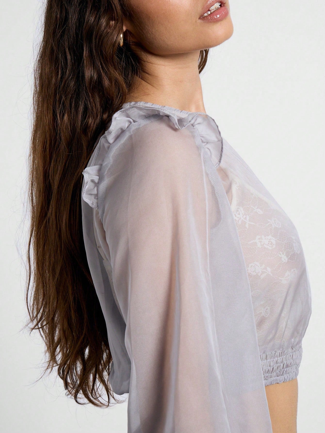 AiiRZ Blusa corta con mangas globo con volantes y transparencia