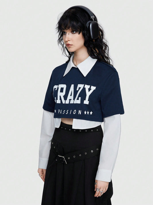 ROMWE Street Life Sudadera Corta Para Mujer En Estilo Americano De Moda Callejera 2 En 1