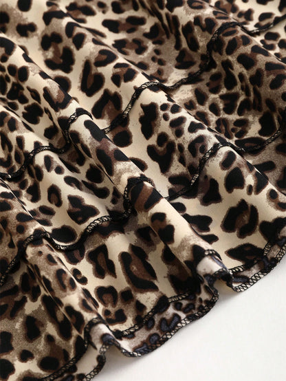 EgrlEra Falda en línea A con varios pliegues, de cintura baja, con estampado de leopardo, y un lazo decorativo en contraste de color negro para mujeres