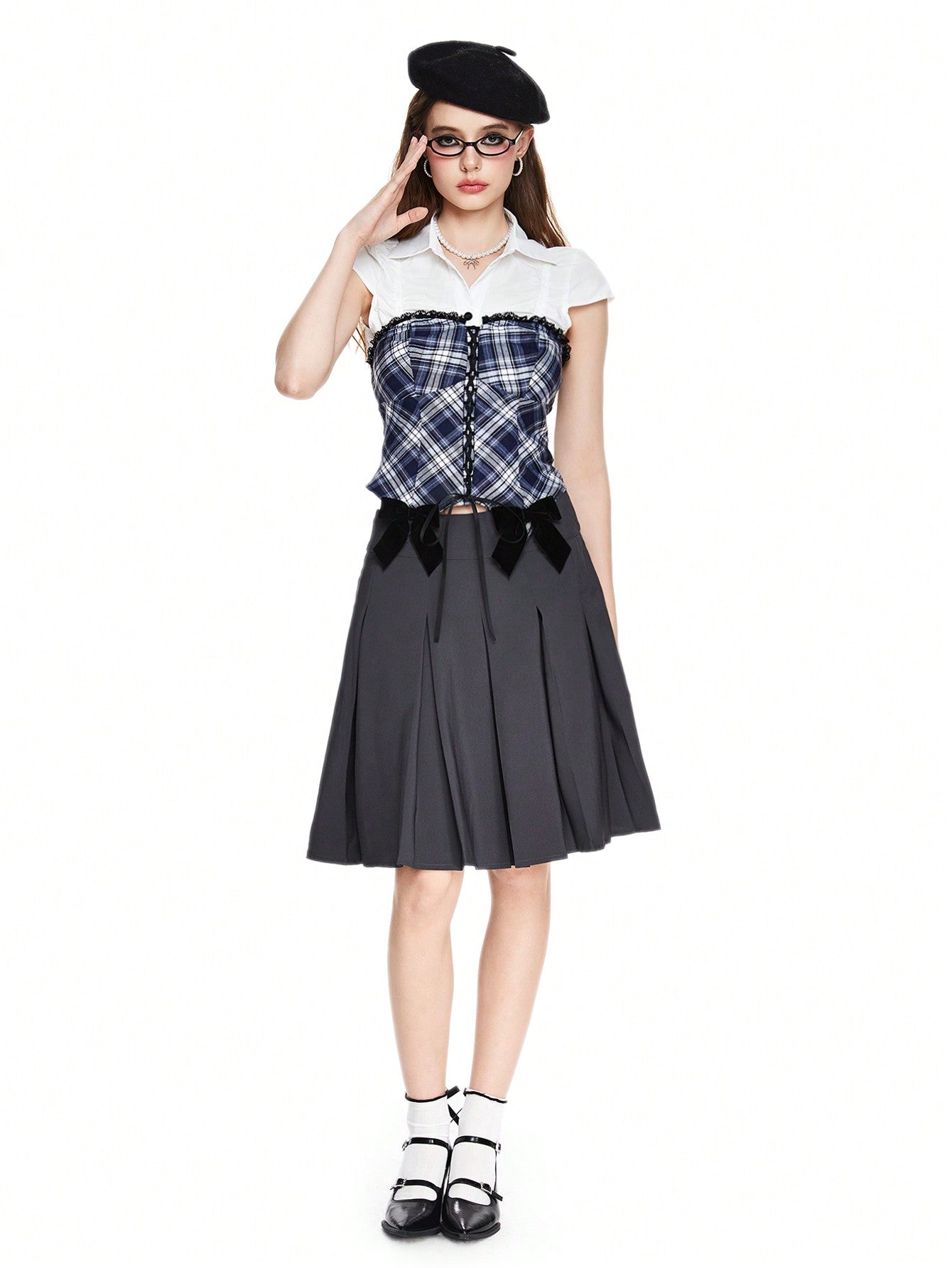ROMWE Kawaii Parte superior estilo colegial universitario impresa con borde de encaje y lazo como acentos para mujer, de vuelta al colegio