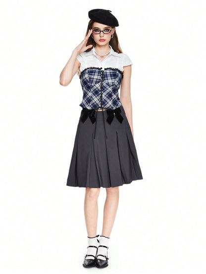 ROMWE Kawaii Parte superior estilo colegial universitario impresa con borde de encaje y lazo como acentos para mujer, de vuelta al colegio