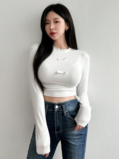 DAZY Camiseta de manga larga con cintura ceñida de color liso para mujer