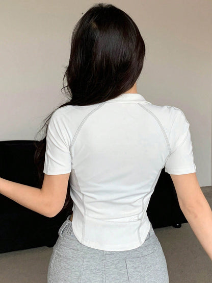 DAZY Mujer verano unicolor cremallera con media tapeta, ajustado manga raglán manga corta camiseta