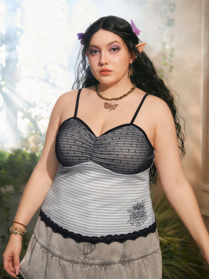 ROMWE Fairycore Talla grande Top de tirantes con estampado de rayas ribete con encaje