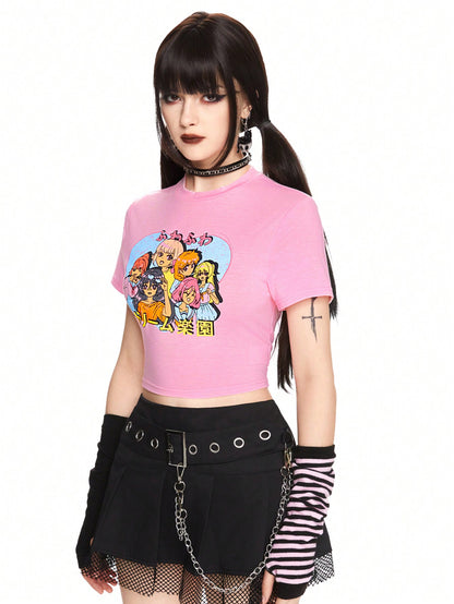 ROMWE Anime Camiseta corta de verano informal con estampado de dibujos animados