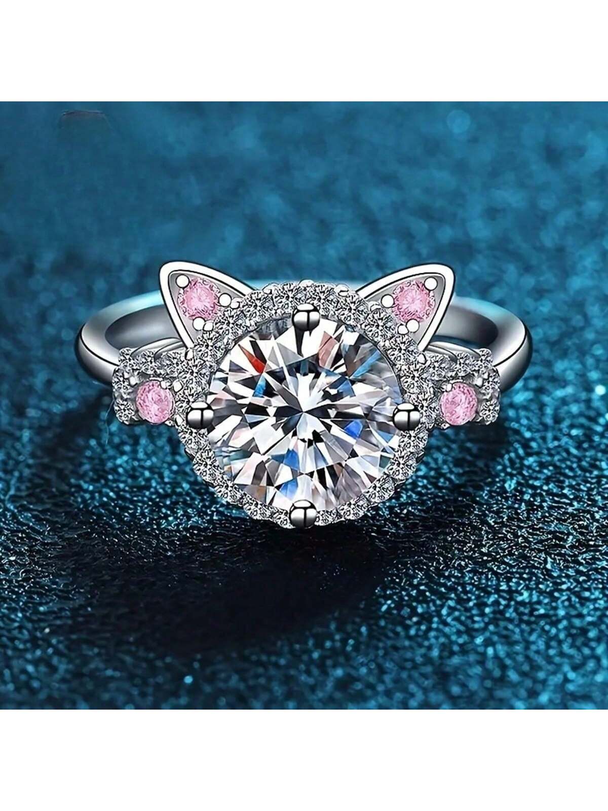 Nuevo anillo de promesa estilo coreano con encantador diseño de cabeza de gato con cristal rosa de rhinestone, accesorio de moda de aleación adecuado para uso diario, fiestas, reuniones y como regalo