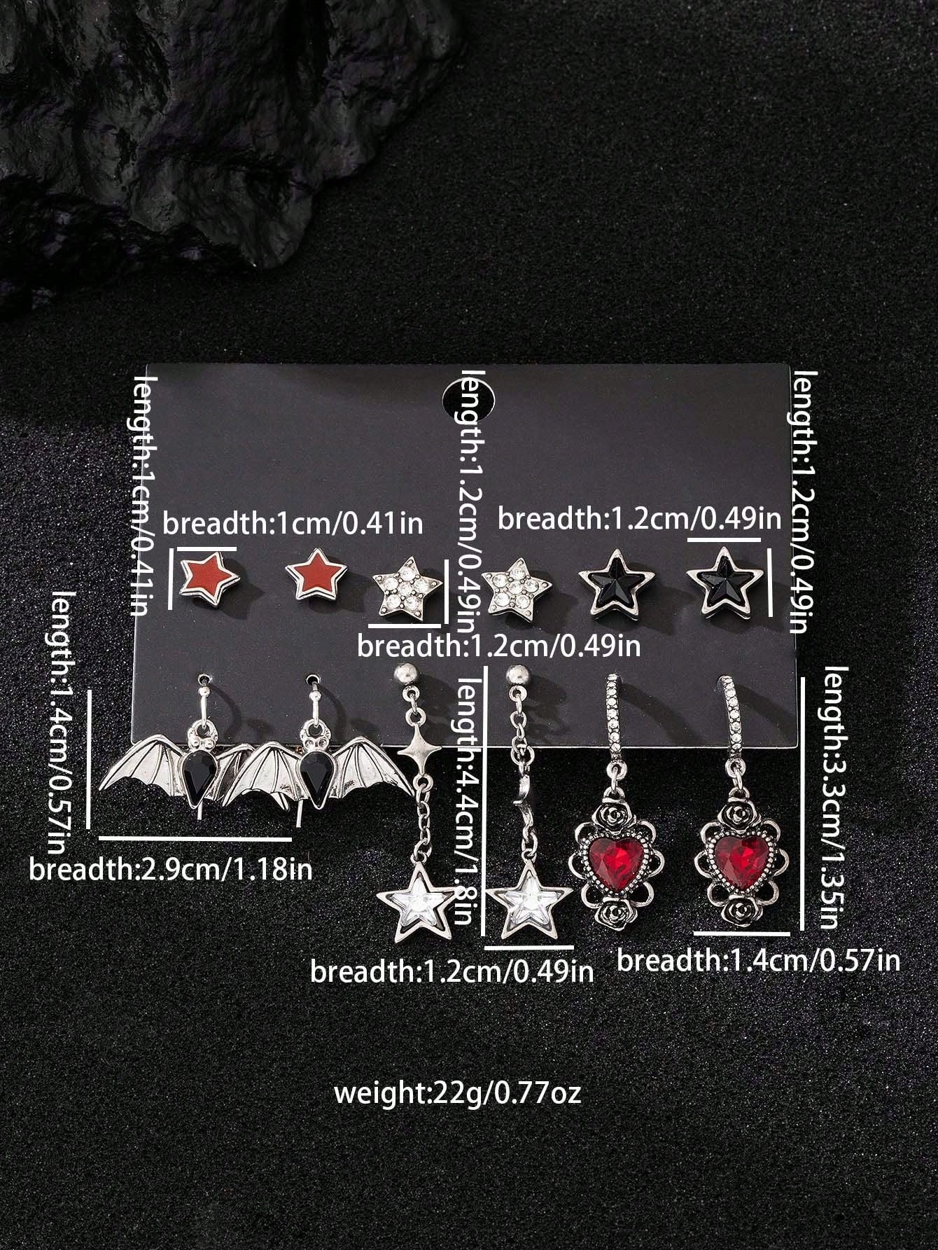 Juego de 6 pares de pendientes con colgantes de diseños góticos oscuros de moda, incluidos estrella, murciélago, corazón con rosa, guitarra, llave, estrella de mar, cuervo y calavera