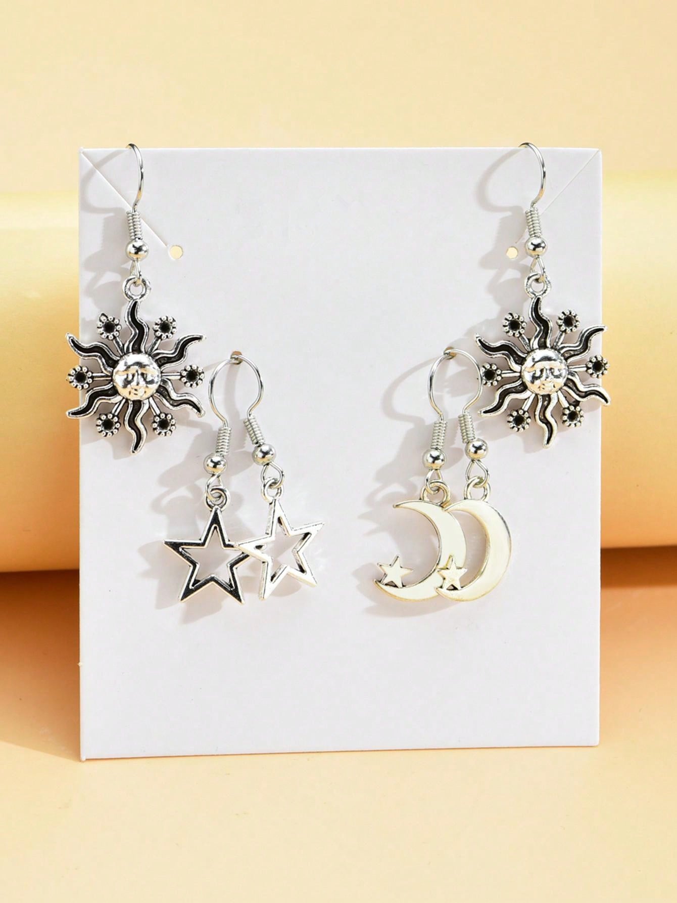 3 pares/set Pendientes largos moda aleación de zinc estrella y luna para mujeres para regalo