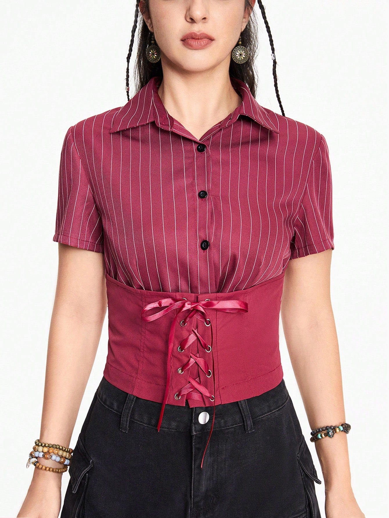 ROMWE Fairycore Blusa casual de mujer de verano con manga corta, rayas y cintura con cordón, para la escuela
