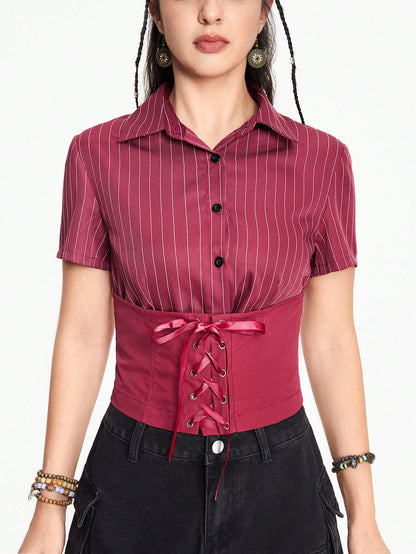 ROMWE Fairycore Blusa casual de mujer de verano con manga corta, rayas y cintura con cordón, para la escuela