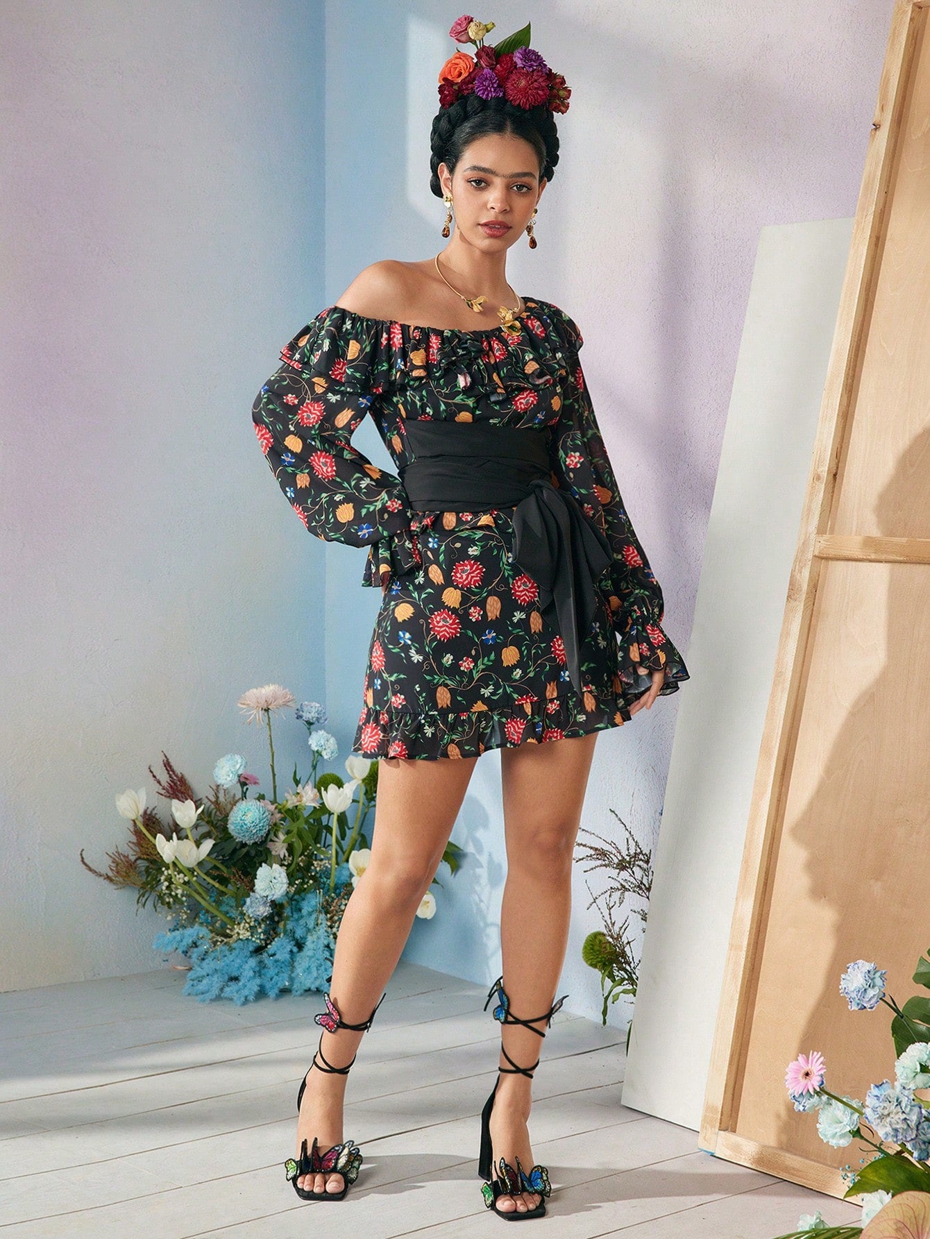Frida Kahlo X SHEIN X Designer VERO DIAZ Falda larga con estampado floral de cintura alta y volante en el bajo
