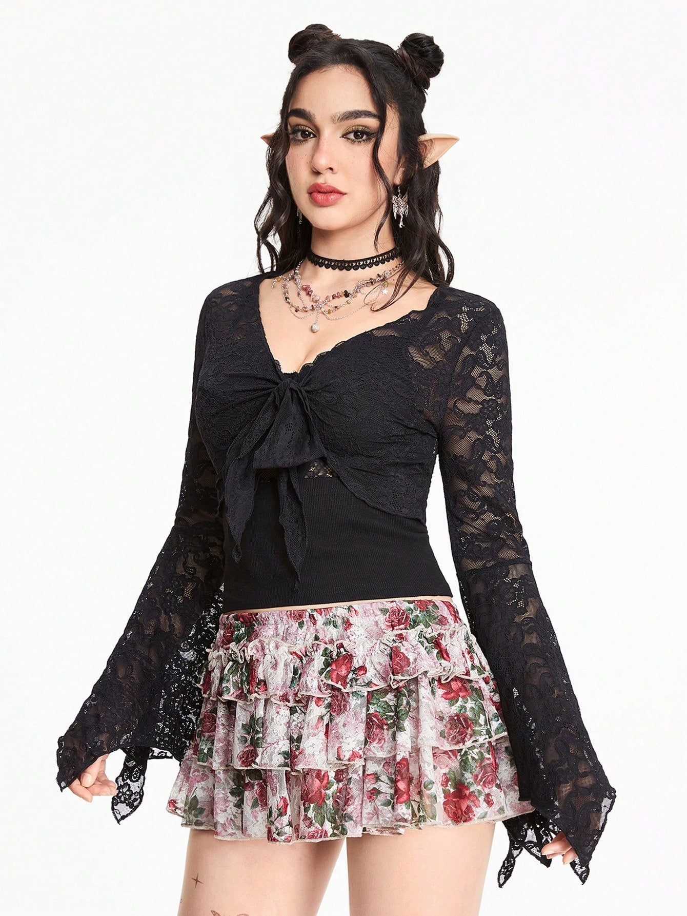 ROMWE Hippie Blusa informal con mangas largas, patchwork de encaje y nudo en la parte delantera para mujeres
