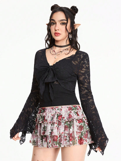 ROMWE Hippie Blusa informal con mangas largas, patchwork de encaje y nudo en la parte delantera para mujeres