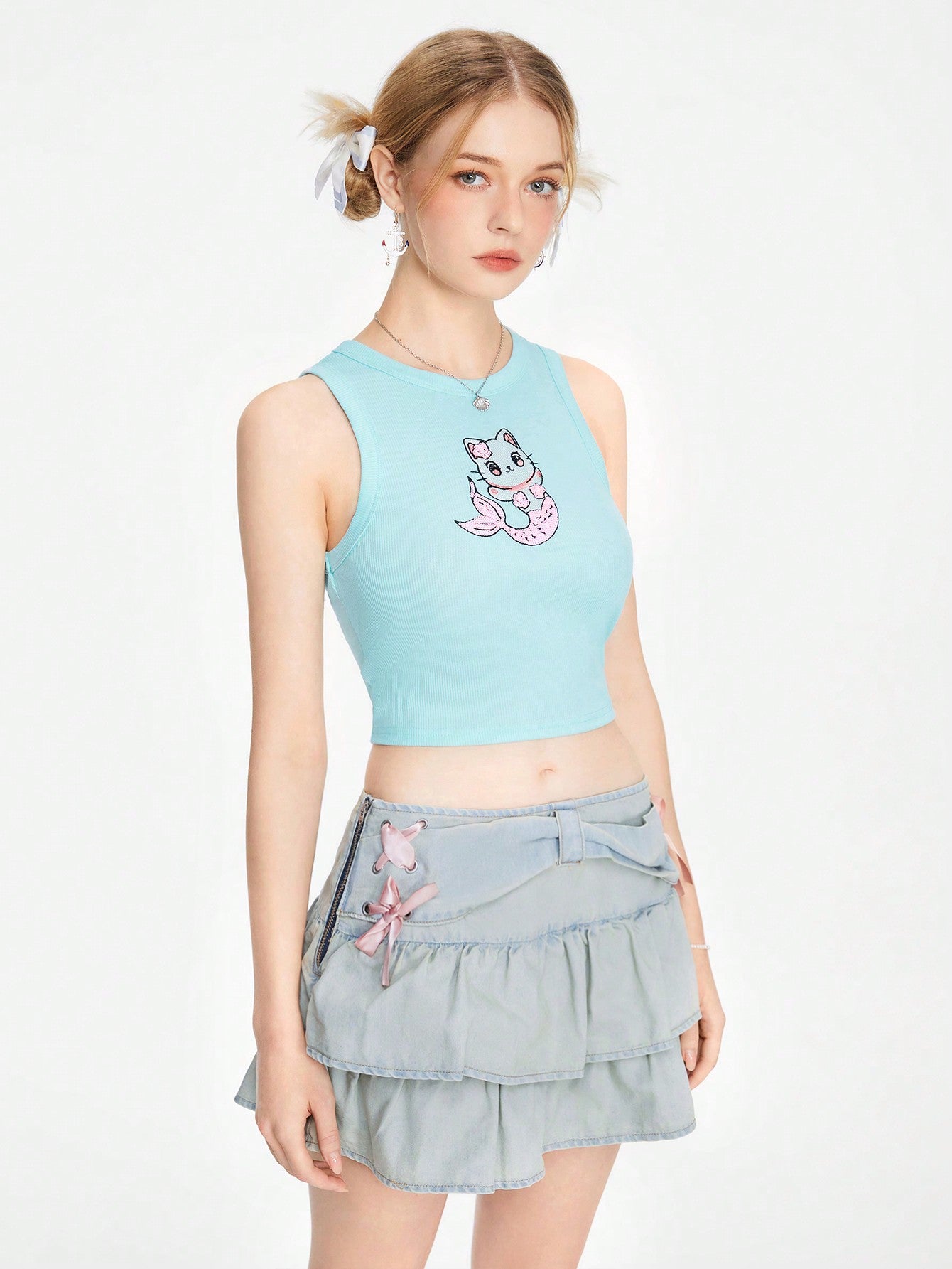 ROMWE Kawaii Lindo top corto de estilo universitario para mujer con estampado de gato dibujos animados para el verano