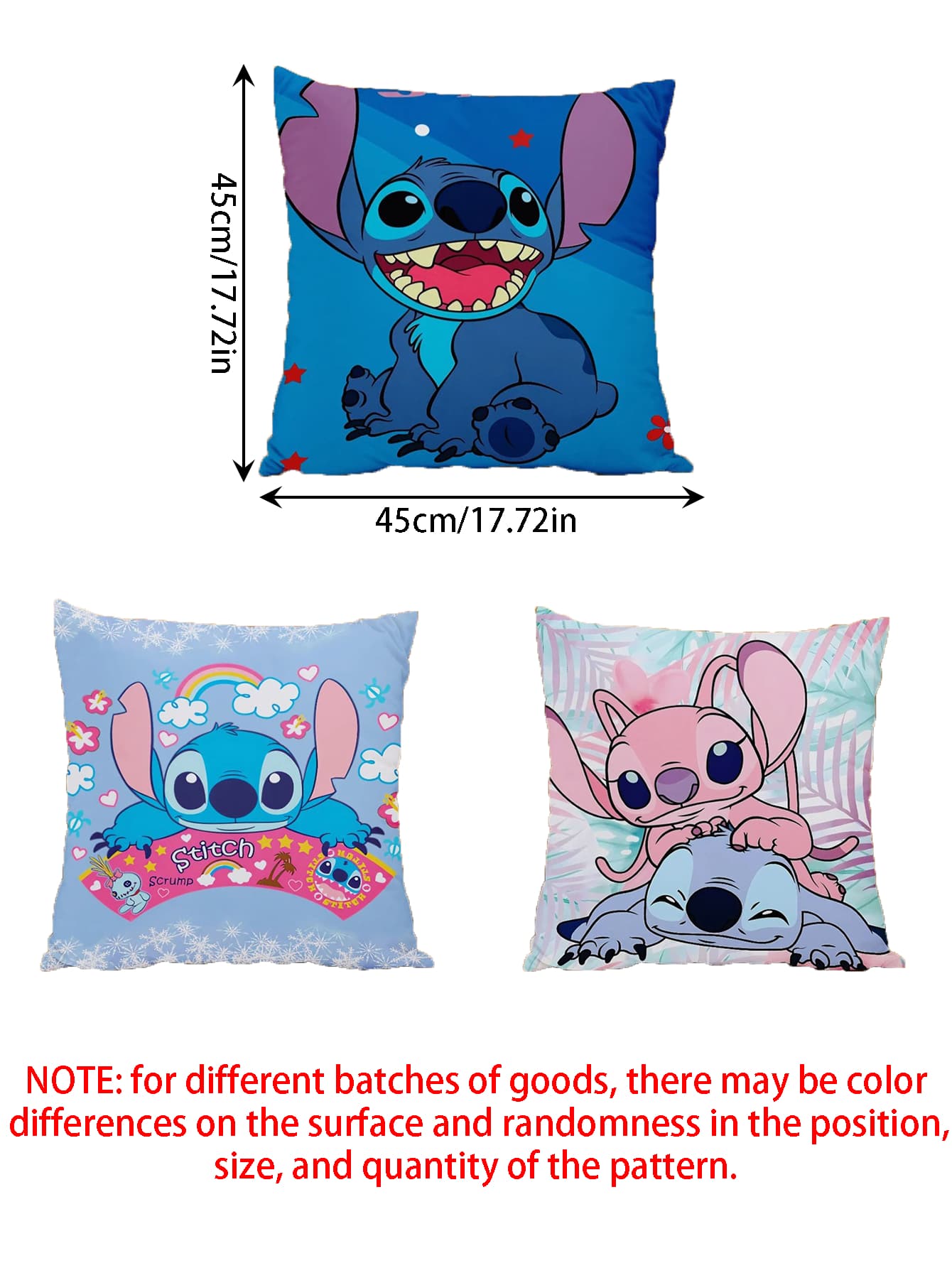 Disney Funda de cojín cuadrada de 45 x 45 cm con estampado de Stitch de dibujos animados lindos, de felpa suave, para decoración del hogar en la sala de estar, cama o sofá. (Algunas partes pueden ser aleatorias)