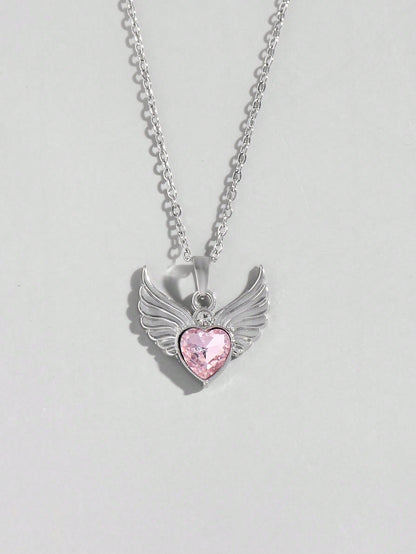 ROMWE Kawaii Set de 3 collares de corazón con detalle de lazo de cristal de color rosa con incrustaciones de estilo europeo y estadounidense INS, perfecto para San Valentín