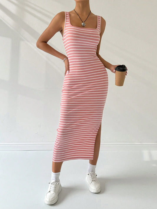SHEIN EZwear Vestido largo con tirantes de cami, Body rayado con abertura en los muslos