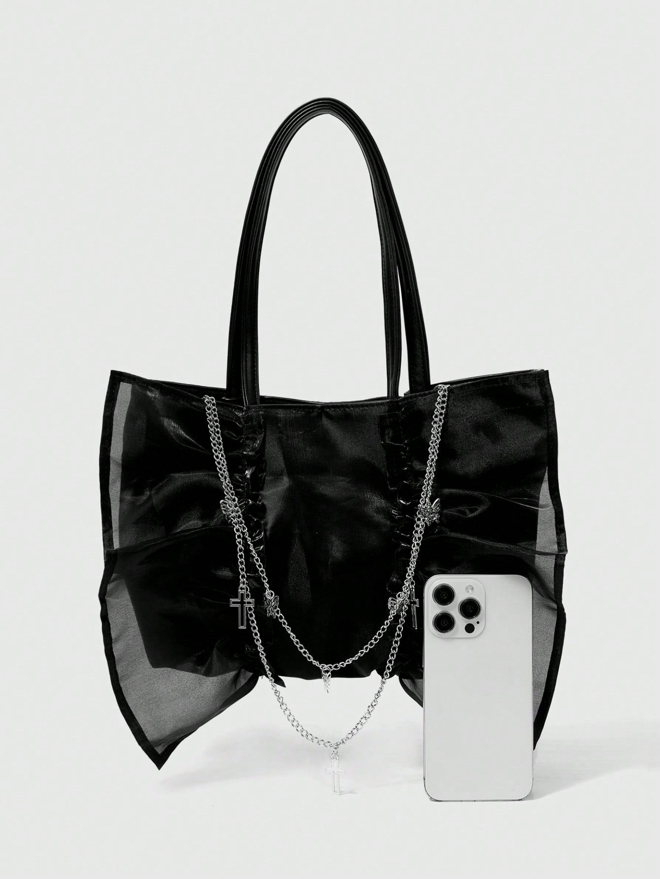 ROMWE Goth Bolso de hombro de estilo gótico para mujer con volantes, decoración de mariposa y cruz