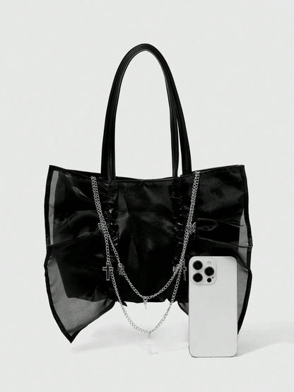 ROMWE Goth Bolso de hombro de estilo gótico para mujer con volantes, decoración de mariposa y cruz