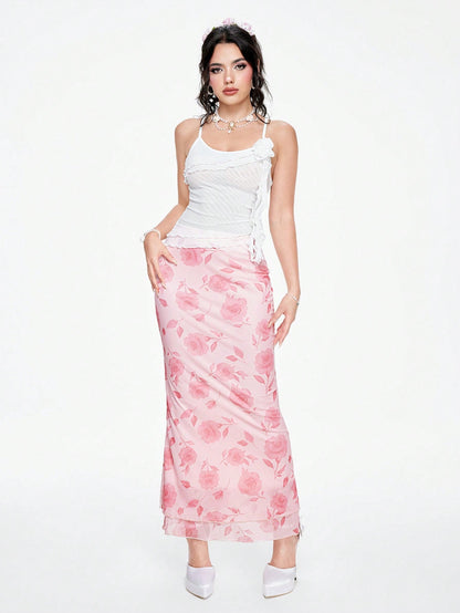 ROMWE Grunge Punk Camisola de mujer con adorno de flores hecho a mano y cuello drapeado sexy con malla multicapa y bordes transparentes
