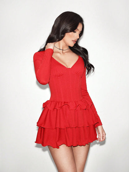 SHEIN Foxxy Vestido mini de manga larga con escote en V rojo que da forma, para fechas de otoño y Navidad