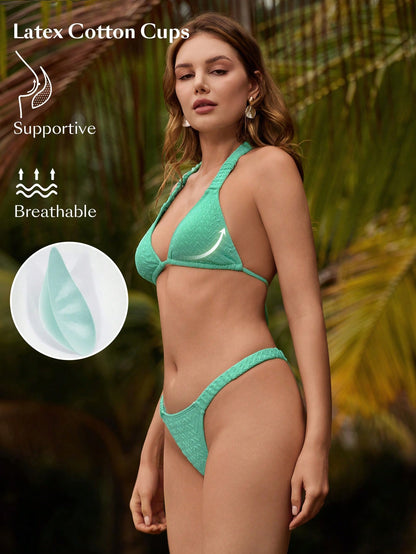 SHEIN Swim Conjunto de bikini de cuello de halter de unicolor para mujer, playa de verano