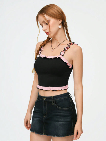 SHEIN Qutie Camiseta De Tirantes Para Mujer Simple Y Dulce Con Dobladillo Con Volantes Para Deportes Y Ballet