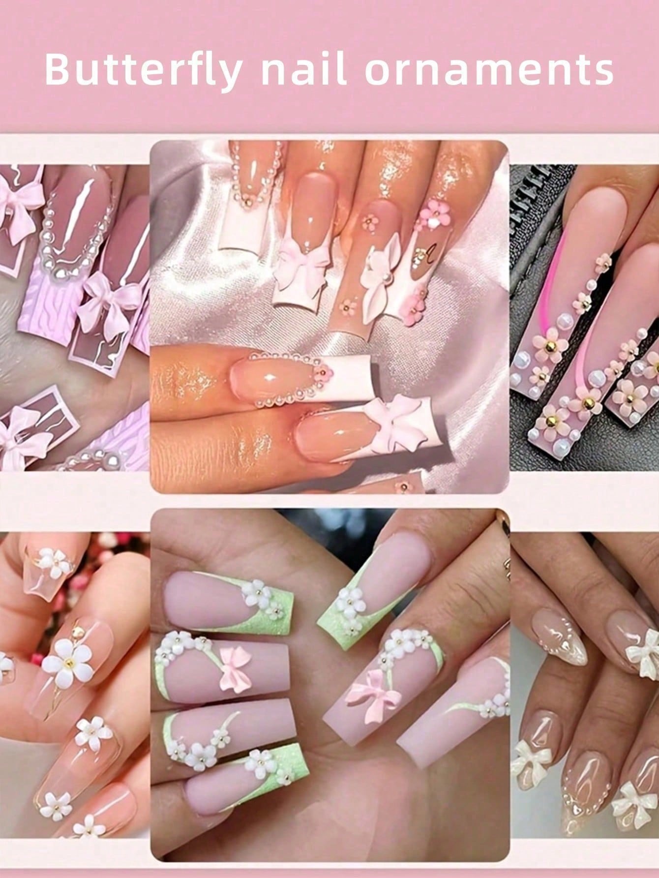 Kit de decoraciones para uñas con flores 3D en forma de lazo, decoraciones de arte de uñas rosa y blanco con medias perlas, gemas acrílicas florales lindas para manualidades de manicura DIY