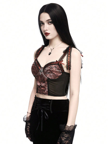 ROMWE Goth Top de tirantes de malla con estampado de serpiente para mujer con colgante cruzado, diseño de lazo y encaje