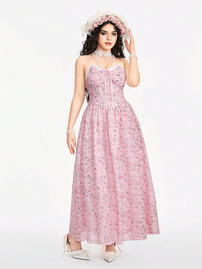 ROMWE Kawaii Vestido de tirantes finos con estilo romántico y campestre para niñas, de diseño de retazos con estampado floral diminuto y volante con encaje en el bajo