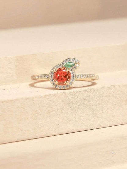 Anillo de oro con decoración de diamantes cúbicos de circonio y manzana en forma de caja de regalo, adecuado para uso diario de las mujeres y como regalo