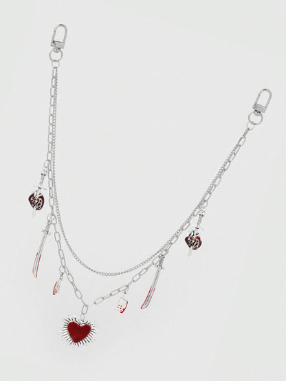 ROMWE Kawaii 1 pieza Cadena para la cintura con estilo gótico de moda, colgante de corazón perforado con calavera, espada y corazón rojo, plateado, adecuado para uso diario de mujeres y niñas, regalo festivo