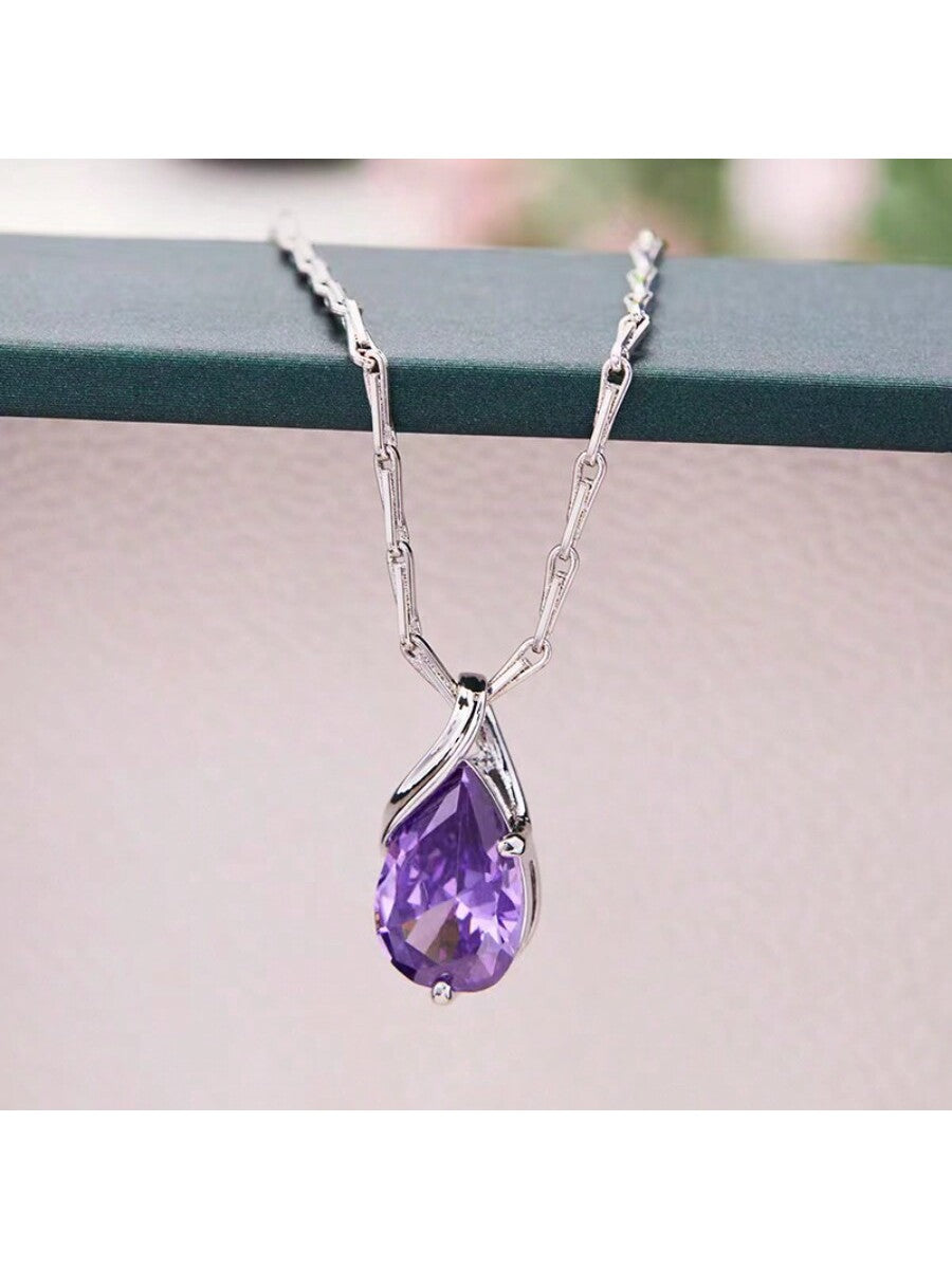 1 pieza Collar de compromiso para mujer, colgante con decoración de circonita cúbica de metal color plata clásico, regalo de joyería para compromiso/boda/cumpleaños/aniversario