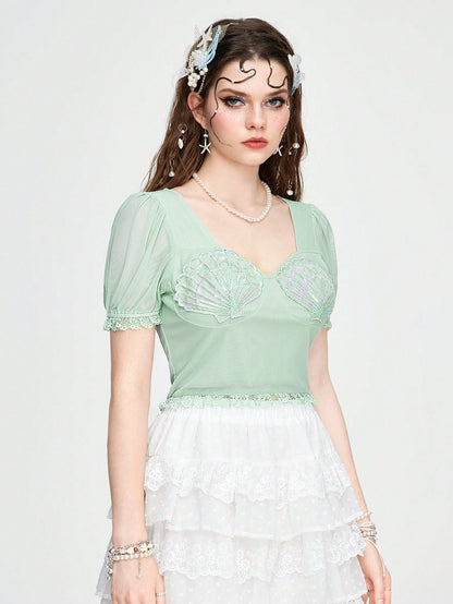 ROMWE Fairycore Blusa para mujer con cuello cuadrado, manga acampanada con vuelo y bordado de conchas y abalorios